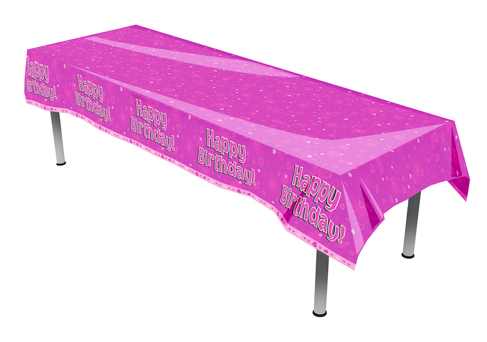 Happy Birthday Colourfast Pink Plastic Table Cover 137cm x 2.6m 1pc