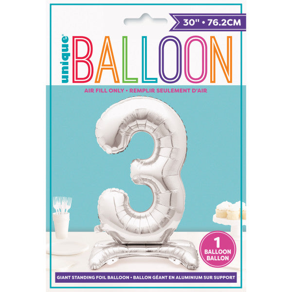 Silver Number 3 Shaped Standing Foil Balloon 30"