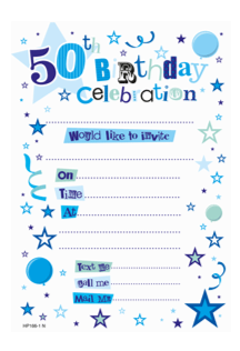 50th Mens Birthday Invitations & Envelopes Blue 20pk