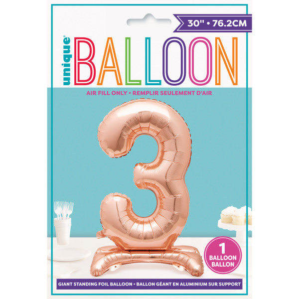 Rose Gold Number 3 Shaped Standing Foil Balloon 30"