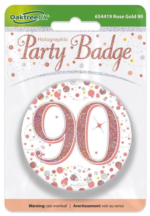 Oaktree UK Badges 90th Birthday Sparkling Rose Gold Fizz Badge