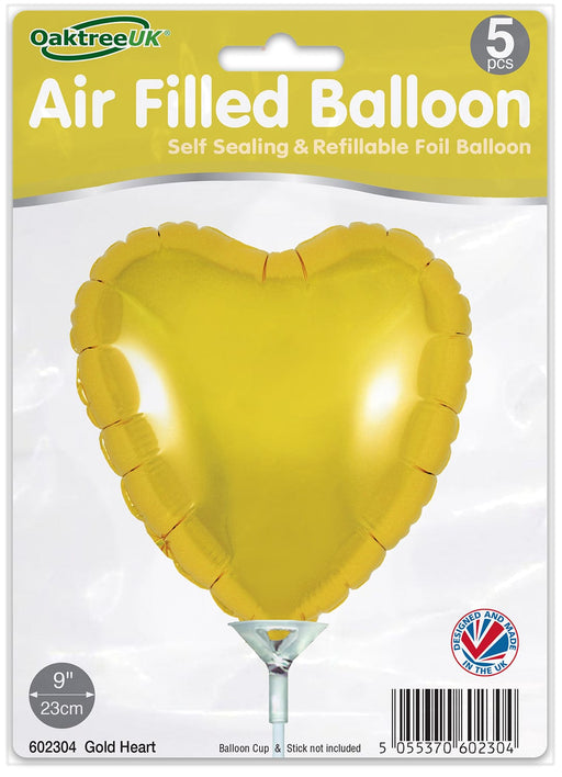 Oaktree UK Foil Balloon Gold Heart (9 Inch) Packaged 5pk