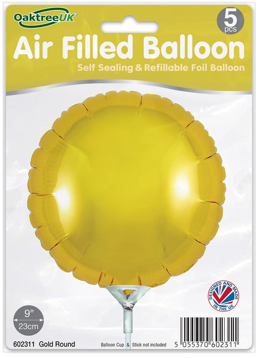 Oaktree UK Foil Balloon Gold Round (9 Inch) Packaged 5pk