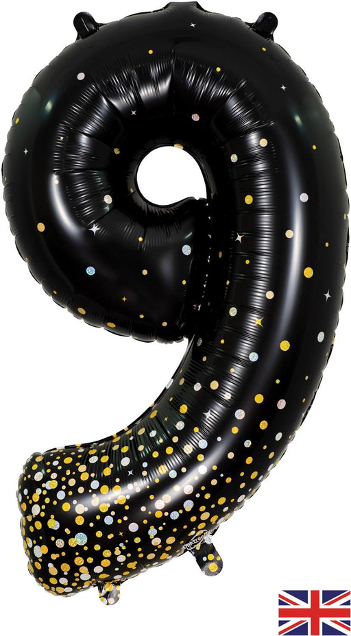 34" Number 9 Sparkling Fizz Holographic Black and Gold