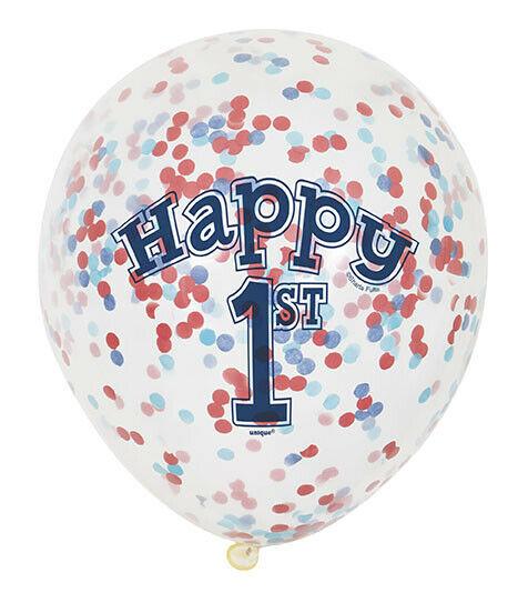 1st Birthday Red & Blue Confetti Balloons 6pk
