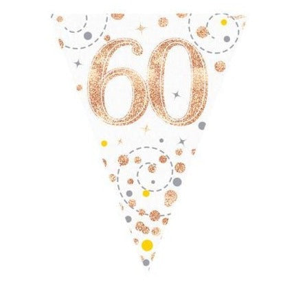 60th Birthday White & Rose Gold Bunting - 11 Flags 3.9M
