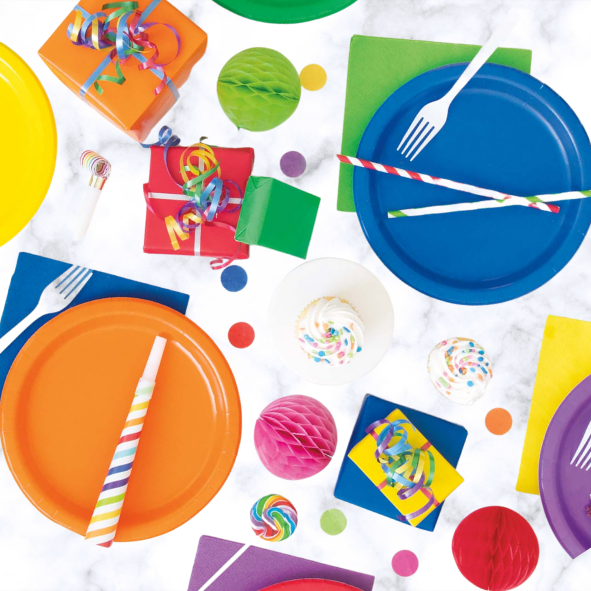 Rainbow of Tableware in a variety of colours for all your events in wholesale sizes and prices