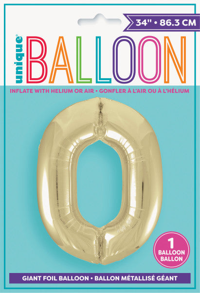 Champagne Gold Number 0 Shaped Foil Balloon 34'', Packaged