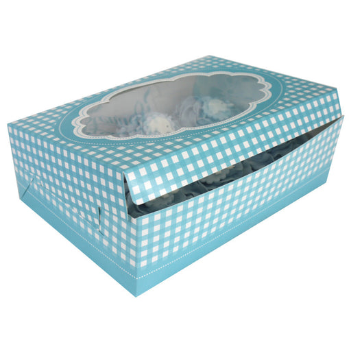 Blue Gingham Stich Cupcake Boxes 23.5 X 16 X 7.5Cm 2pk