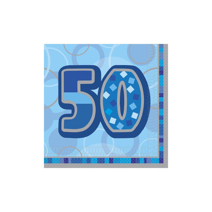 50th Birthday Napkins Blue Glitz (16pk)