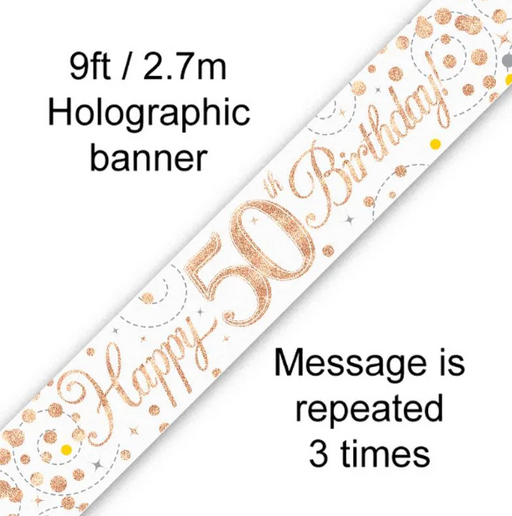 White & Rose Gold 50th Birthday Foil Banner