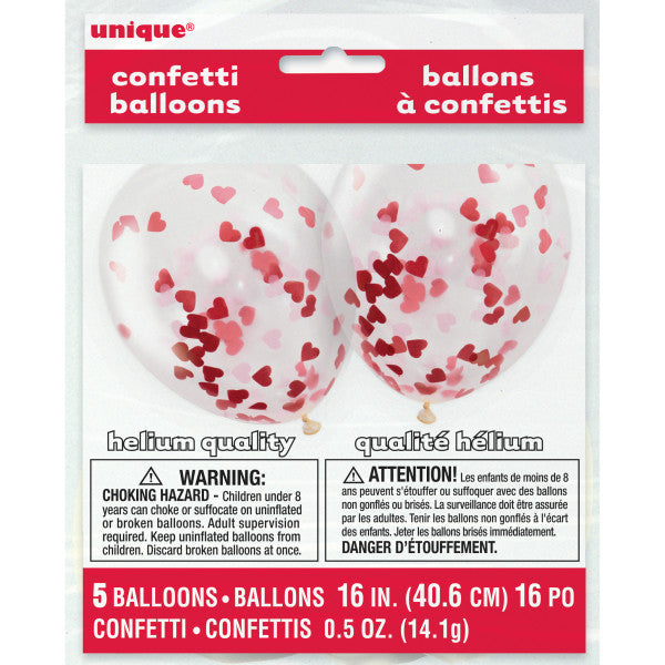 Clear Latex Balloons With Heart-Shaped Confetti 16'', 5Ct