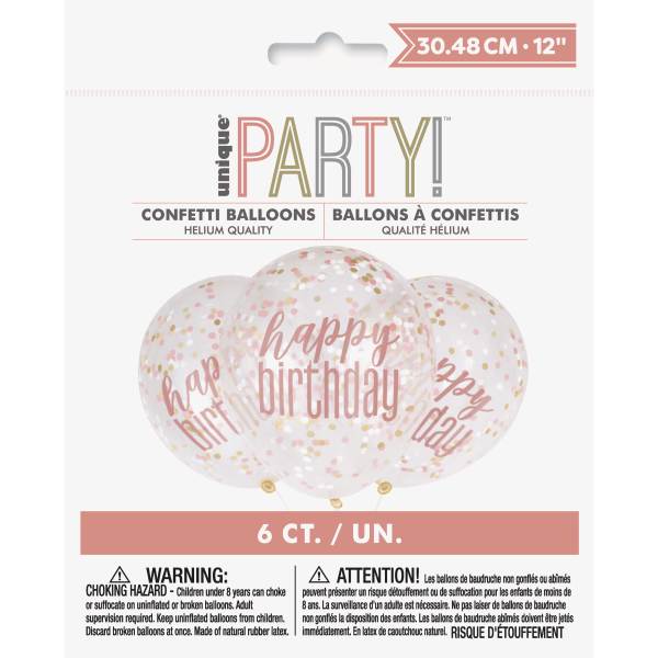 6 12'' Clear Printed Rose Gold ''Happy Birthday'' Balloons With Confetti