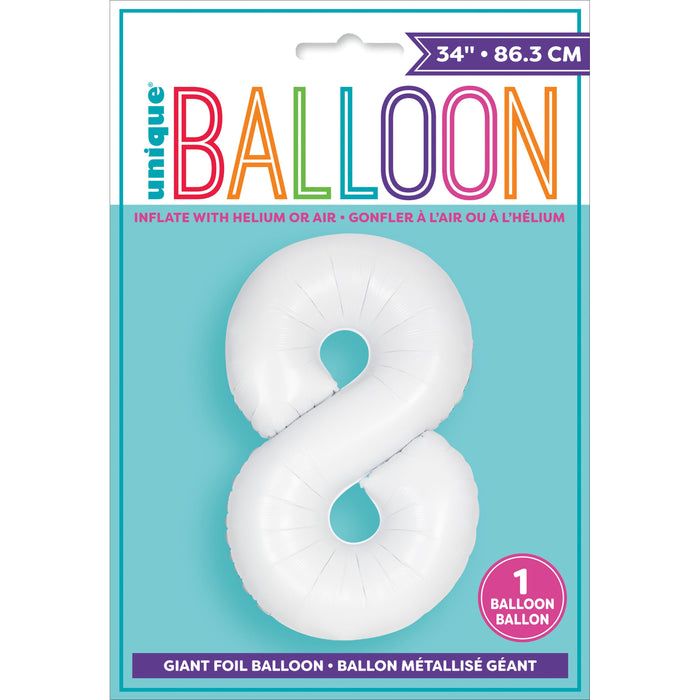 34" White Number 8 Foil Balloon