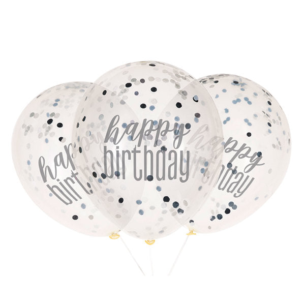 6 12'' Clear Printed Glitz ''Happy Birthday'' Balloons With Confetti, Black & Silver