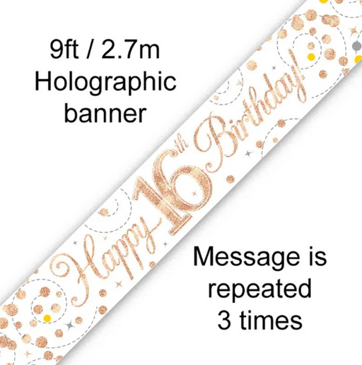 White & Rose Gold 16th Birthday Foil Banner