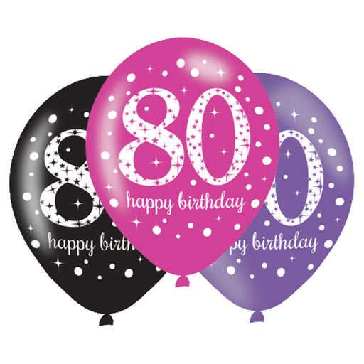 Pink Sparkling 80th Happy Birthday Latex Balloons 6pk