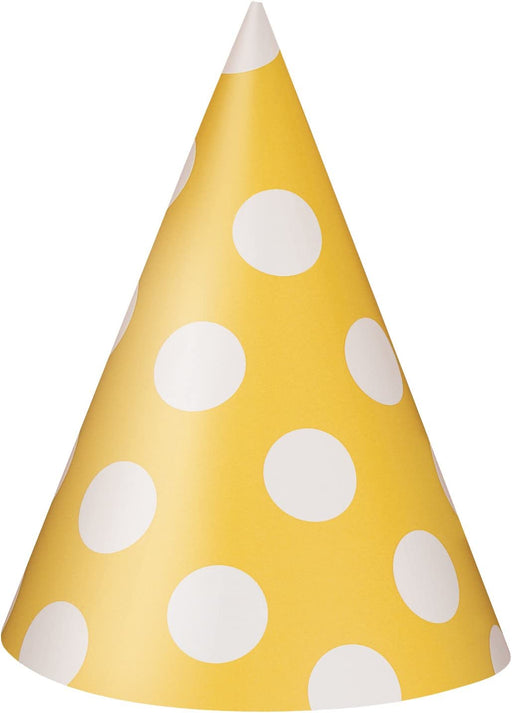 Yellow Polka Dot Party Hats 8pk