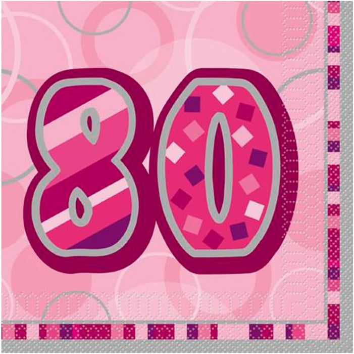 80th Pink Glitz Paper Napkins 16pk