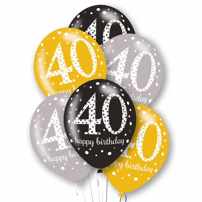 Age 40 Black, Silver & Gold Mix Latex Balloons 11" 6pk