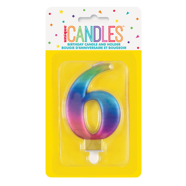 Rainbow Metallic Number 6 Candle