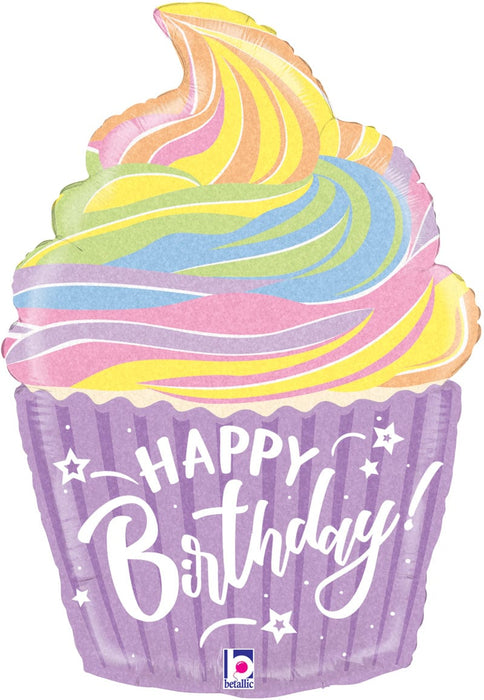 Betallic Foil Balloon Pastel Birthday Cupcake Supershape Balloon 27"