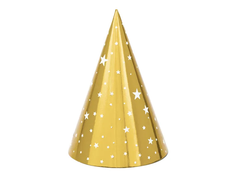 Gold PArty Hats White Stars 6pc