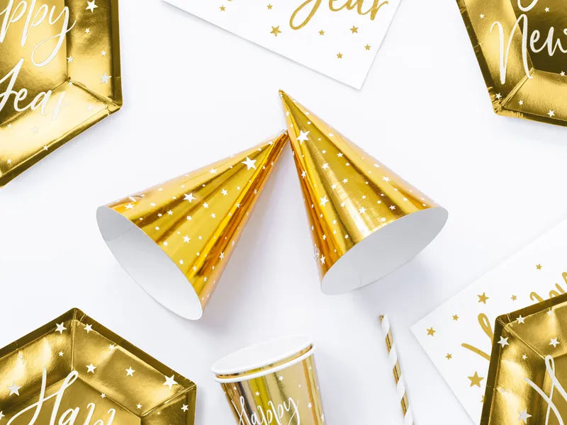 Gold PArty Hats White Stars 6pc