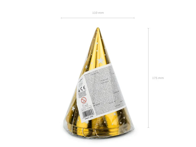 Gold PArty Hats White Stars 6pc