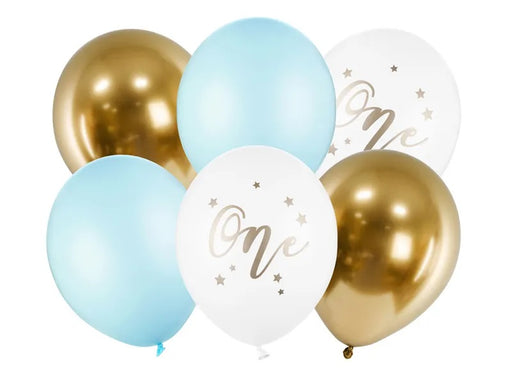 'One' Style Latex Balloon 6pk (2 Light Blue, 2 Glossy Gold, 2 White w/Gold Print)