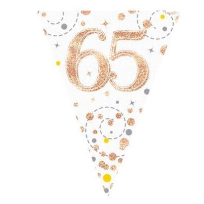 65th Birthday White & Rose Gold Bunting - 11 Flags 3.9M