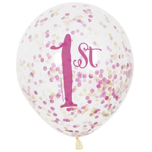 12'' 1st Birthday Pink & Gold Latex With Confetti 6pk