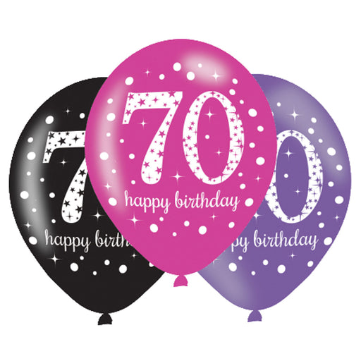 Pink Sparkling 70th Happy Birthday Latex Balloons 6pk