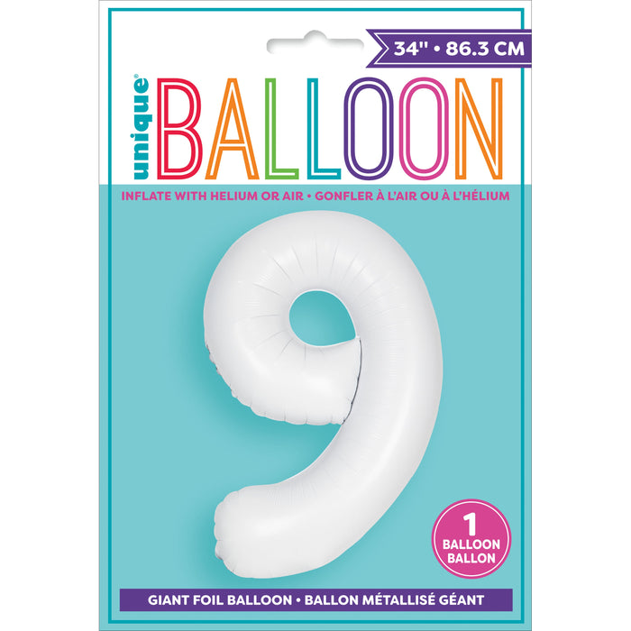 34" White Number 9 Foil Balloon