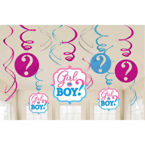Baby Shower Gender Reveal 'Girl Or Boy' Hanging Swirl Decorations (12Pc)