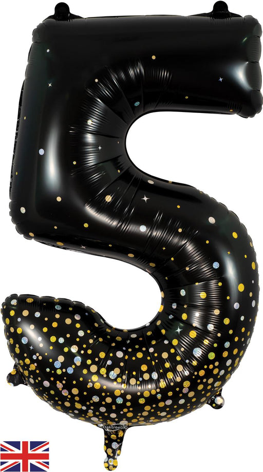 34" Number 5 Sparkling Fizz Holographic Black and Gold