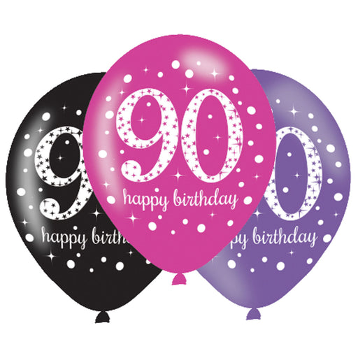 Pink Sparkling 90th Happy Birthday Latex Balloons 6pk