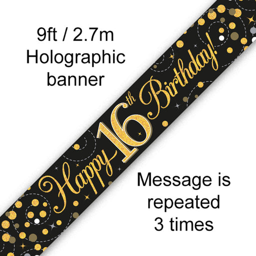 16th Birthday Black & Gold Fizz 9ft Banner