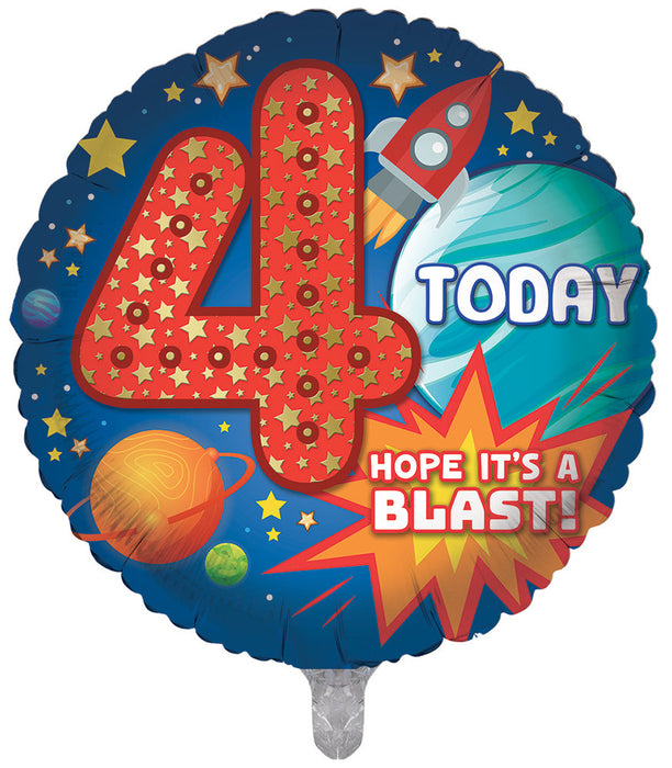 Space / Blue 4th Birthday 18 Inch Foil Balloon