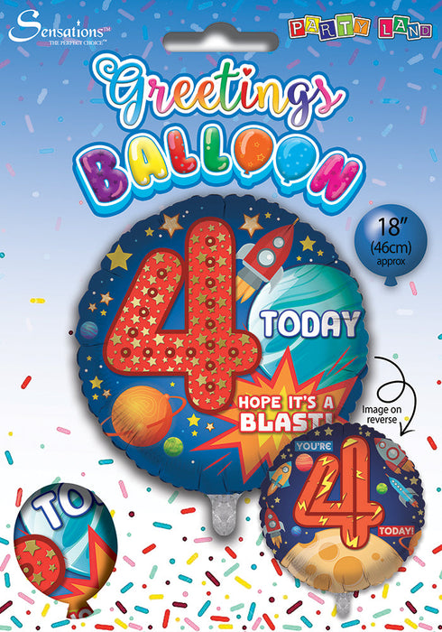 Space / Blue 4th Birthday 18 Inch Foil Balloon