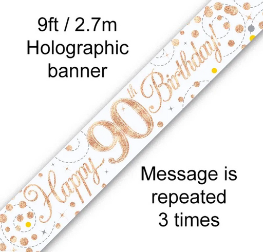 White & Rose Gold 90th Birthday Foil Banner