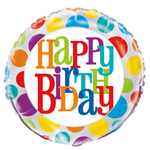 Rainbow Polka Dot Happy Birthday Round Foil Balloon 18''