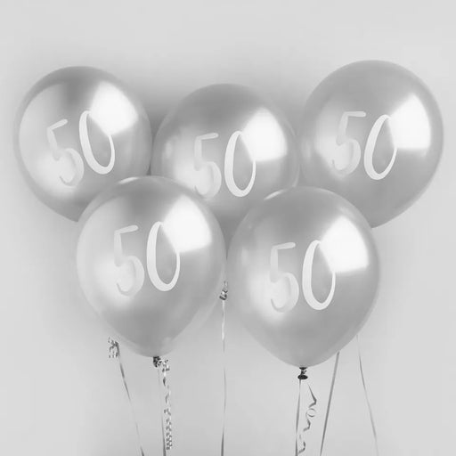 Silver Number 50 Latex Balloons 5pk