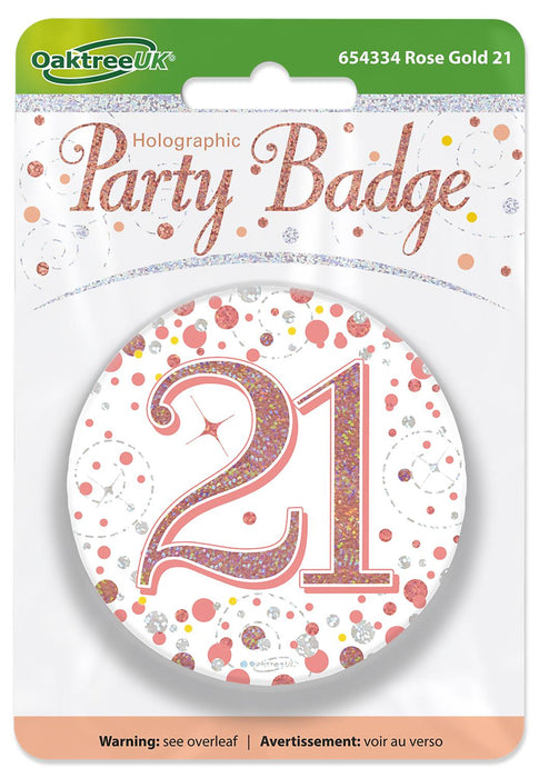 Oaktree UK Badges 21st Birthday Sparkling Rose Gold Fizz Badge
