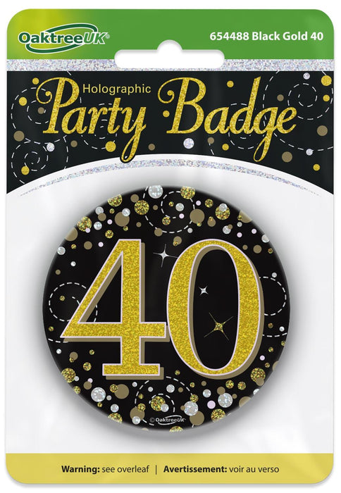 Oaktree UK Badges 40th Birthday Sparkling Black Gold Fizz Badge