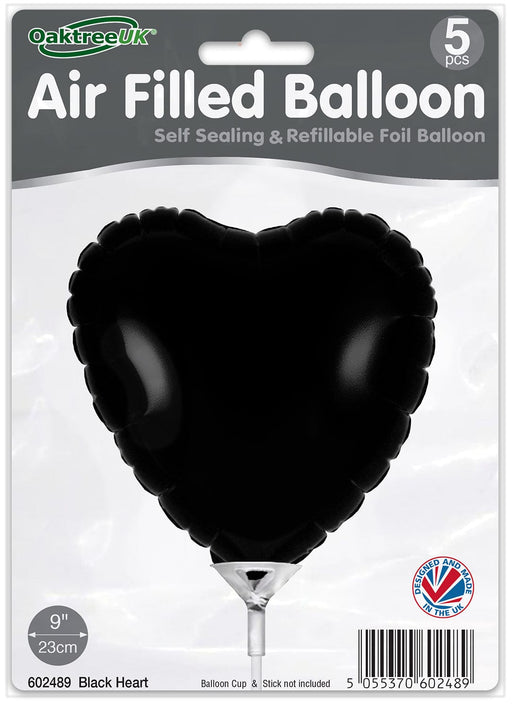 Oaktree UK Foil Balloon Black Heart (9 Inch) Packaged 5pk