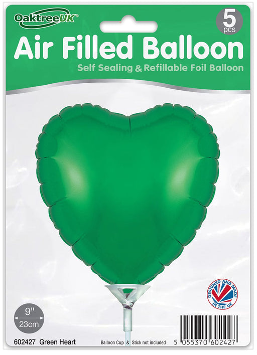 Oaktree UK Foil Balloon Green Heart (9 Inch) Packaged 5pk