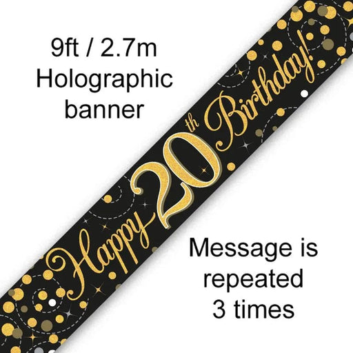 Oaktree UK Banner Happy 20th Birthday Black and Gold Fizz 9ft Banner