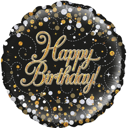 Oaktree UK Foil Balloons Happy Birthday Sparkling Fizz Black & Gold
