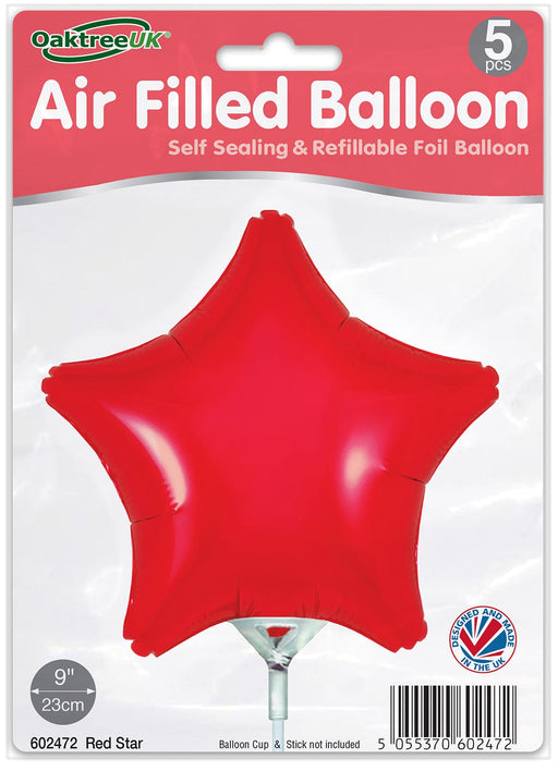 Oaktree UK Foil Balloon Red Star (9 Inch) Packaged 5pk